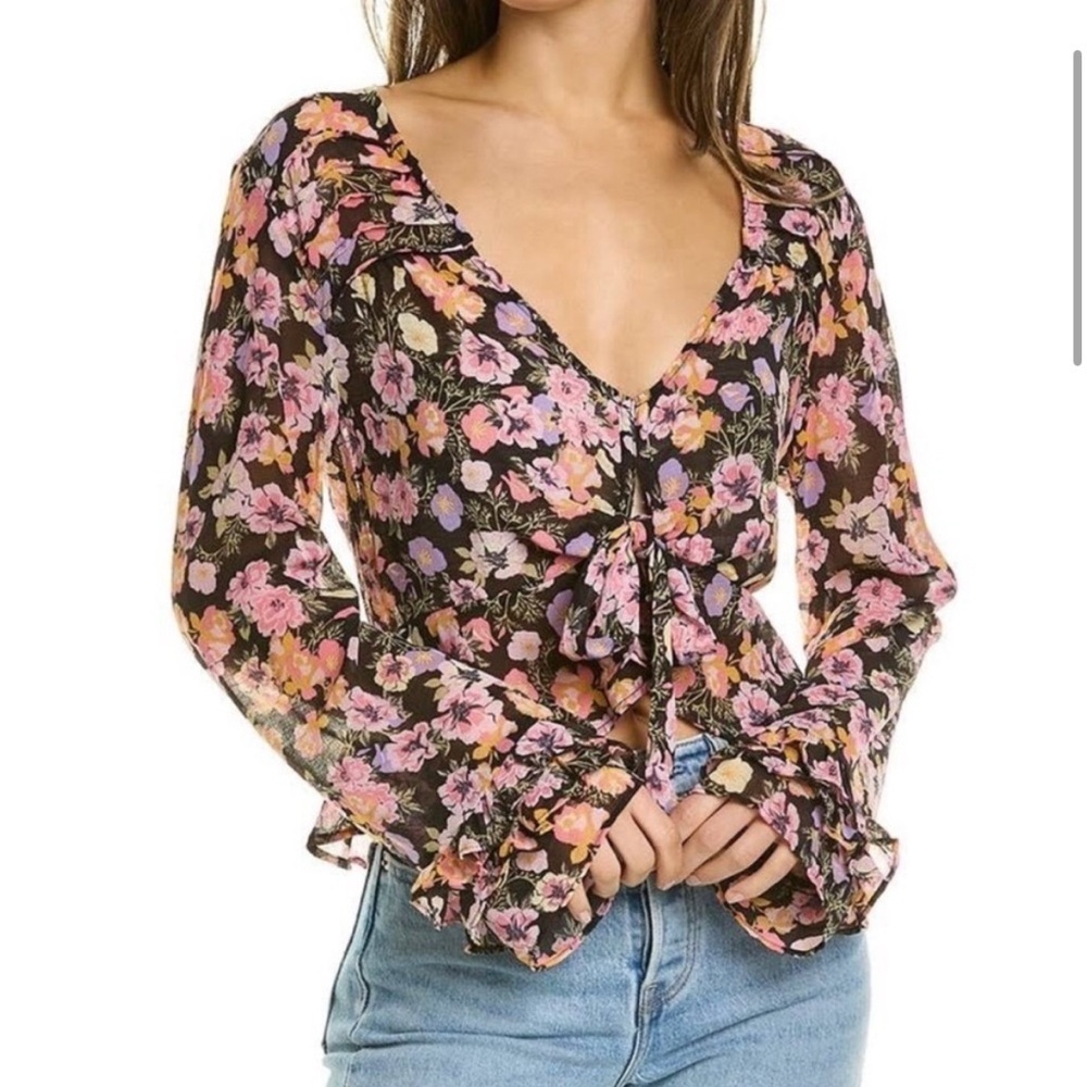 🔆 Free People Maybel Black & Pink Floral Blouse, Size Small